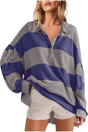 Womens Tops Dressy Casual Long Sleeve Quarter Buttons Striped Shirts Plus Size V Neck Oversized Blouse Fall Clothes