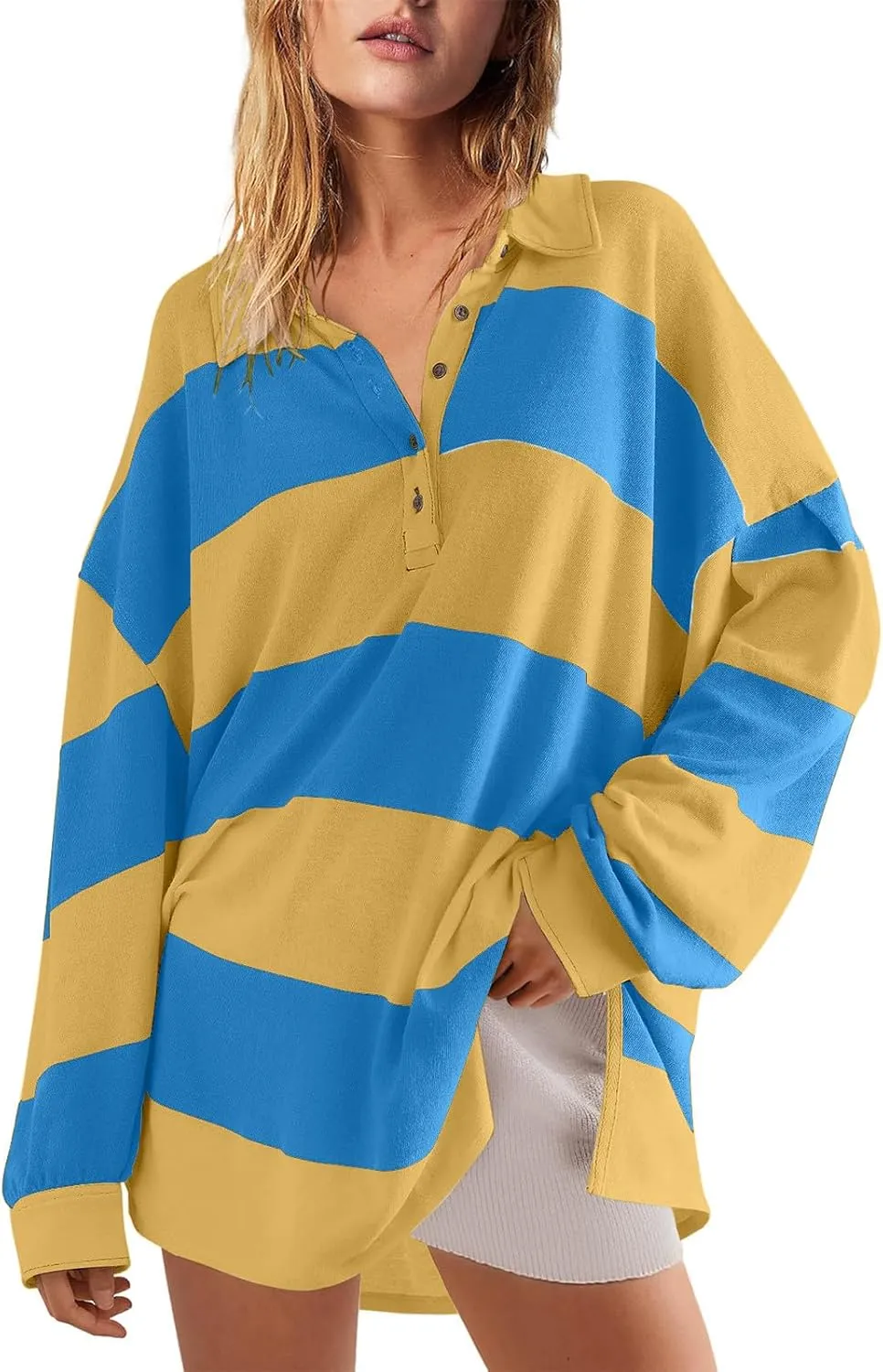 Womens Tops Dressy Casual Long Sleeve Quarter Buttons Striped Shirts Plus Size V Neck Oversized Blouse Fall Clothes