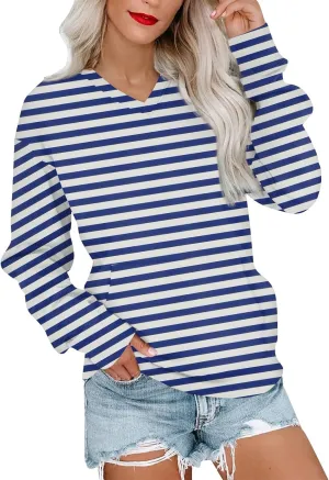 Womens Tops Trendy Striped V-Neck Sweatshirts Casual Long Sleeve Shirts Lightweight Pullover With Pockets