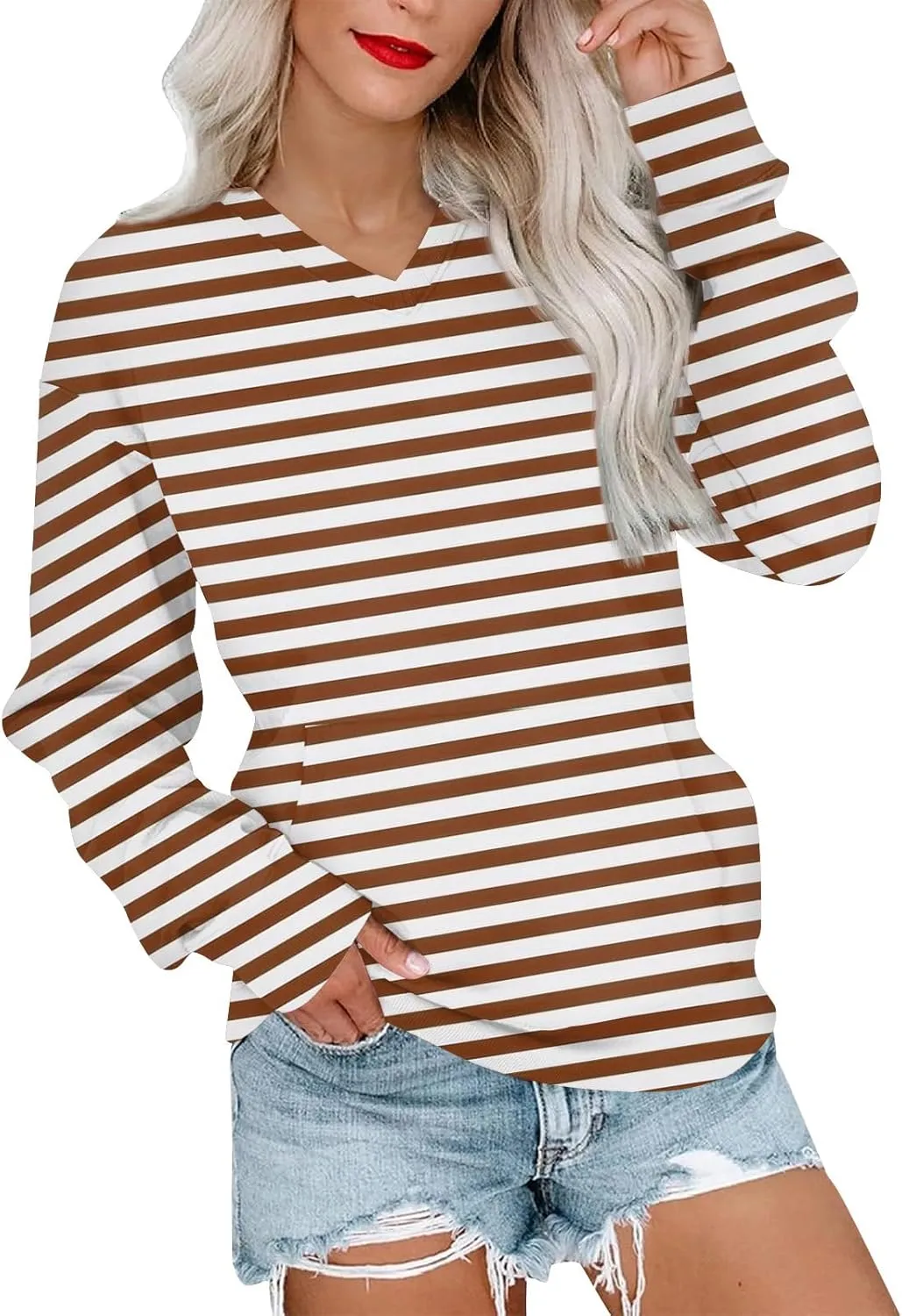 Womens Tops Trendy Striped V-Neck Sweatshirts Casual Long Sleeve Shirts Lightweight Pullover With Pockets