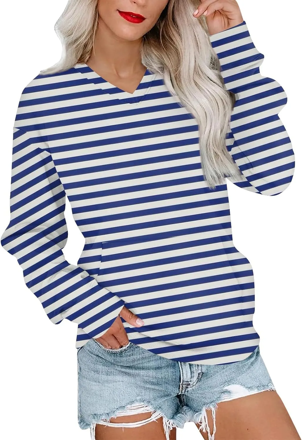 Womens Tops Trendy Striped V-Neck Sweatshirts Casual Long Sleeve Shirts Lightweight Pullover With Pockets