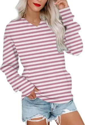 Womens Tops Trendy Striped V-Neck Sweatshirts Casual Long Sleeve Shirts Lightweight Pullover With Pockets