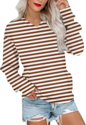 Womens Tops Trendy Striped V-Neck Sweatshirts Casual Long Sleeve Shirts Lightweight Pullover With Pockets