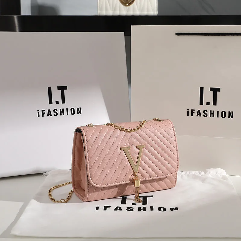 Women's Trendy Fashion Striped Embroidered V-shaped Tassel Crossbody Bags