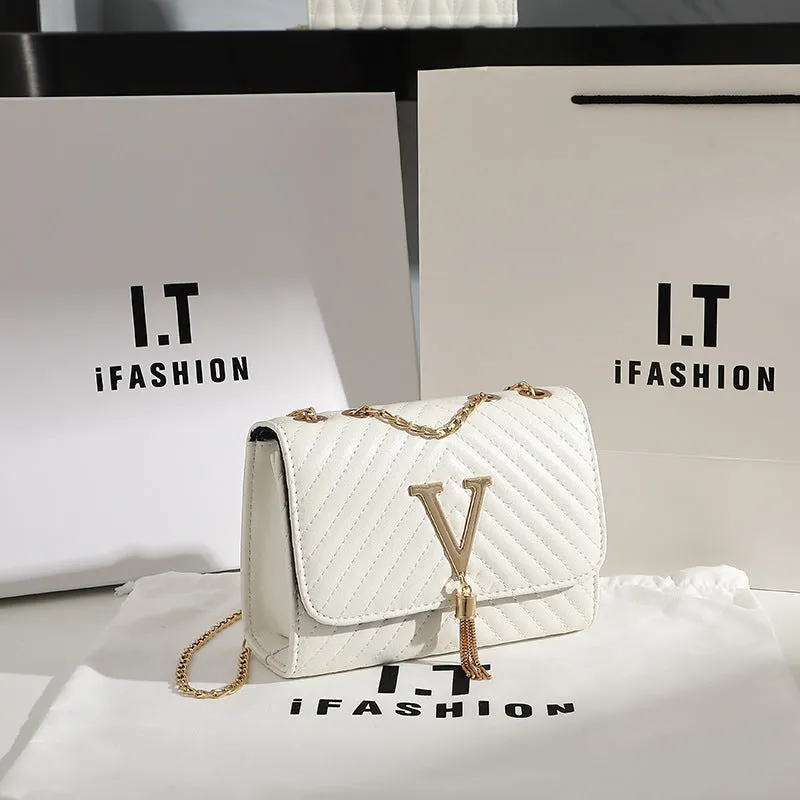 Women's Trendy Fashion Striped Embroidered V-shaped Tassel Crossbody Bags