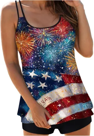 Womens Tummy Control Bathing Suits 4th of July Modest Bikini Sets Star Striped Halter 2 Piece Swim Suits