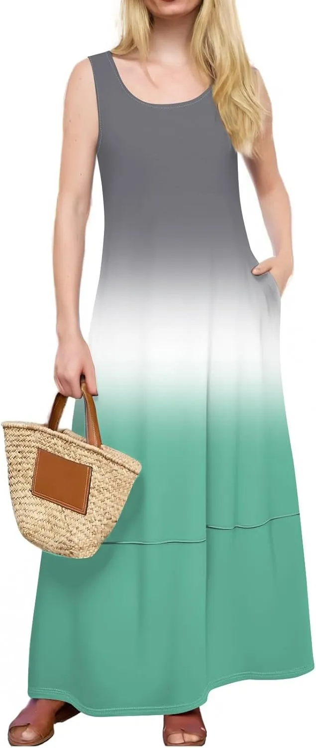 Women's U Neck Maxi Sundress Gradient Color Sleeveless Flowy Cover Up Long Tank Dress with Pocket