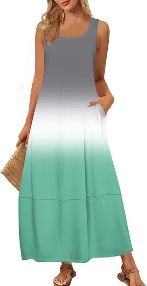 Women's U Neck Maxi Sundress Gradient Color Sleeveless Flowy Cover Up Long Tank Dress with Pocket