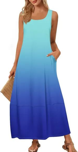 Women's U Neck Maxi Sundress Gradient Color Sleeveless Flowy Cover Up Long Tank Dress with Pocket