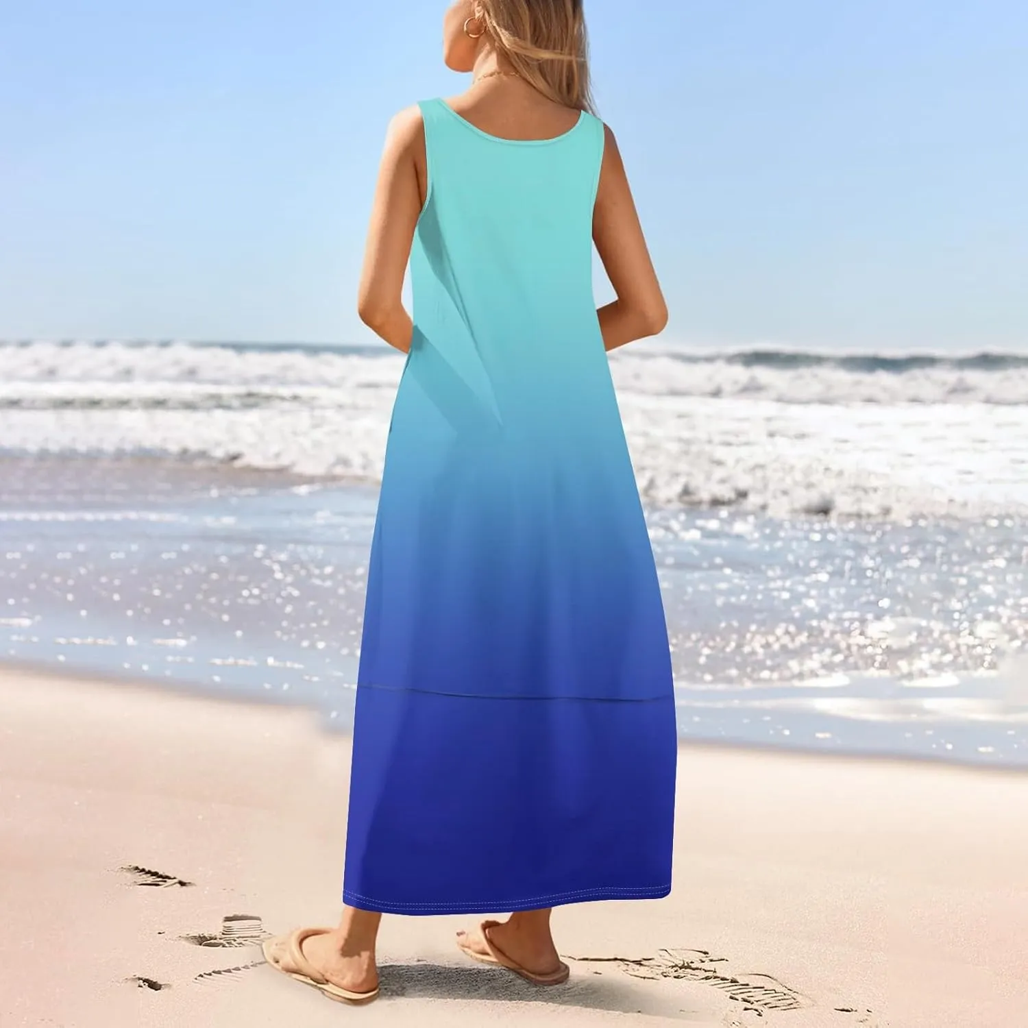 Women's U Neck Maxi Sundress Gradient Color Sleeveless Flowy Cover Up Long Tank Dress with Pocket