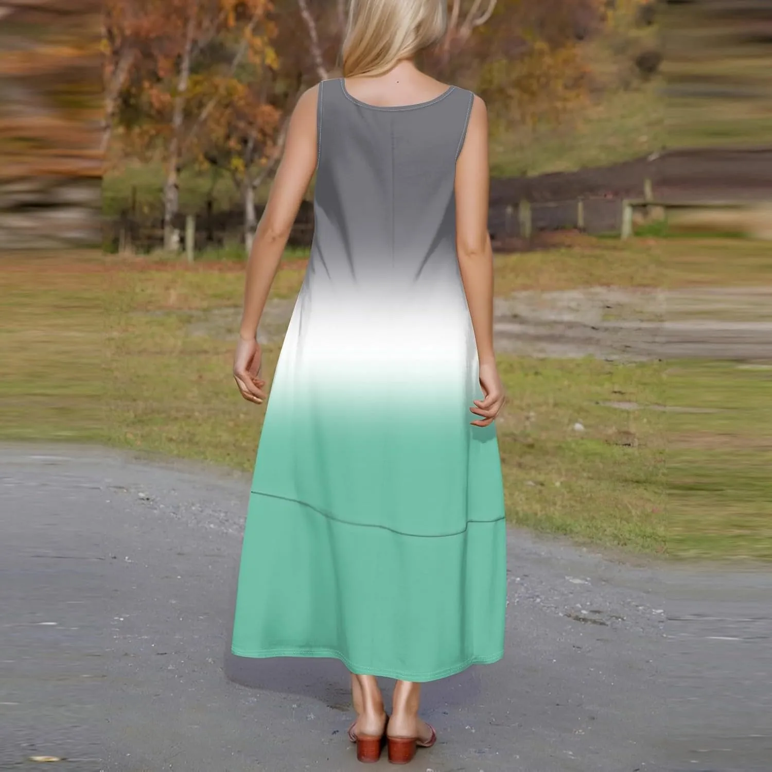 Women's U Neck Maxi Sundress Gradient Color Sleeveless Flowy Cover Up Long Tank Dress with Pocket