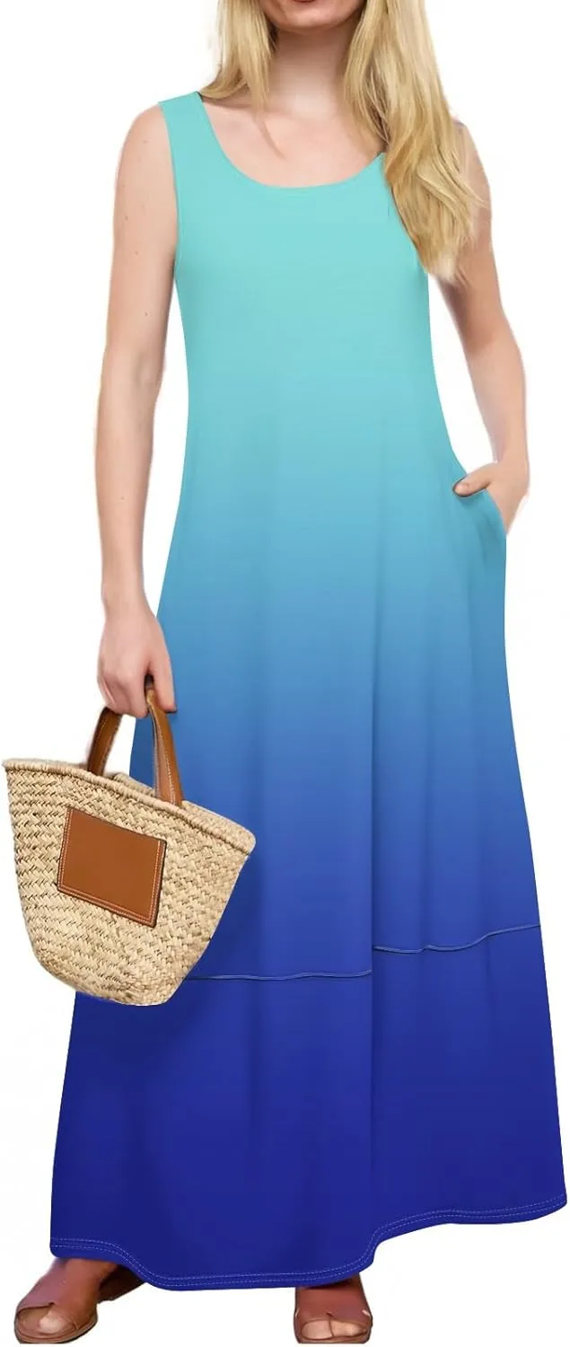 Women's U Neck Maxi Sundress Gradient Color Sleeveless Flowy Cover Up Long Tank Dress with Pocket