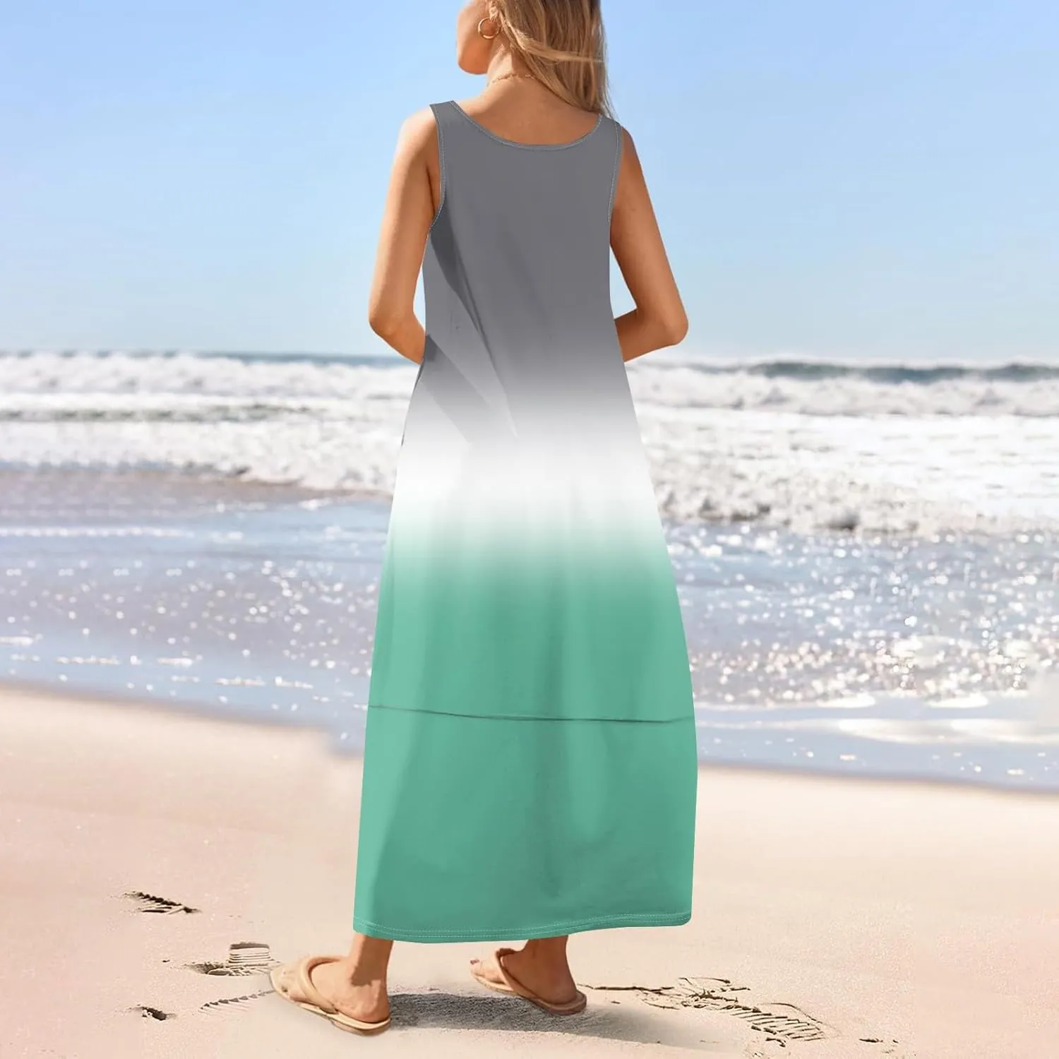 Women's U Neck Maxi Sundress Gradient Color Sleeveless Flowy Cover Up Long Tank Dress with Pocket