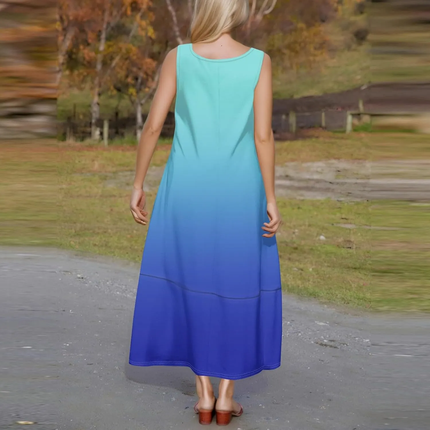 Women's U Neck Maxi Sundress Gradient Color Sleeveless Flowy Cover Up Long Tank Dress with Pocket