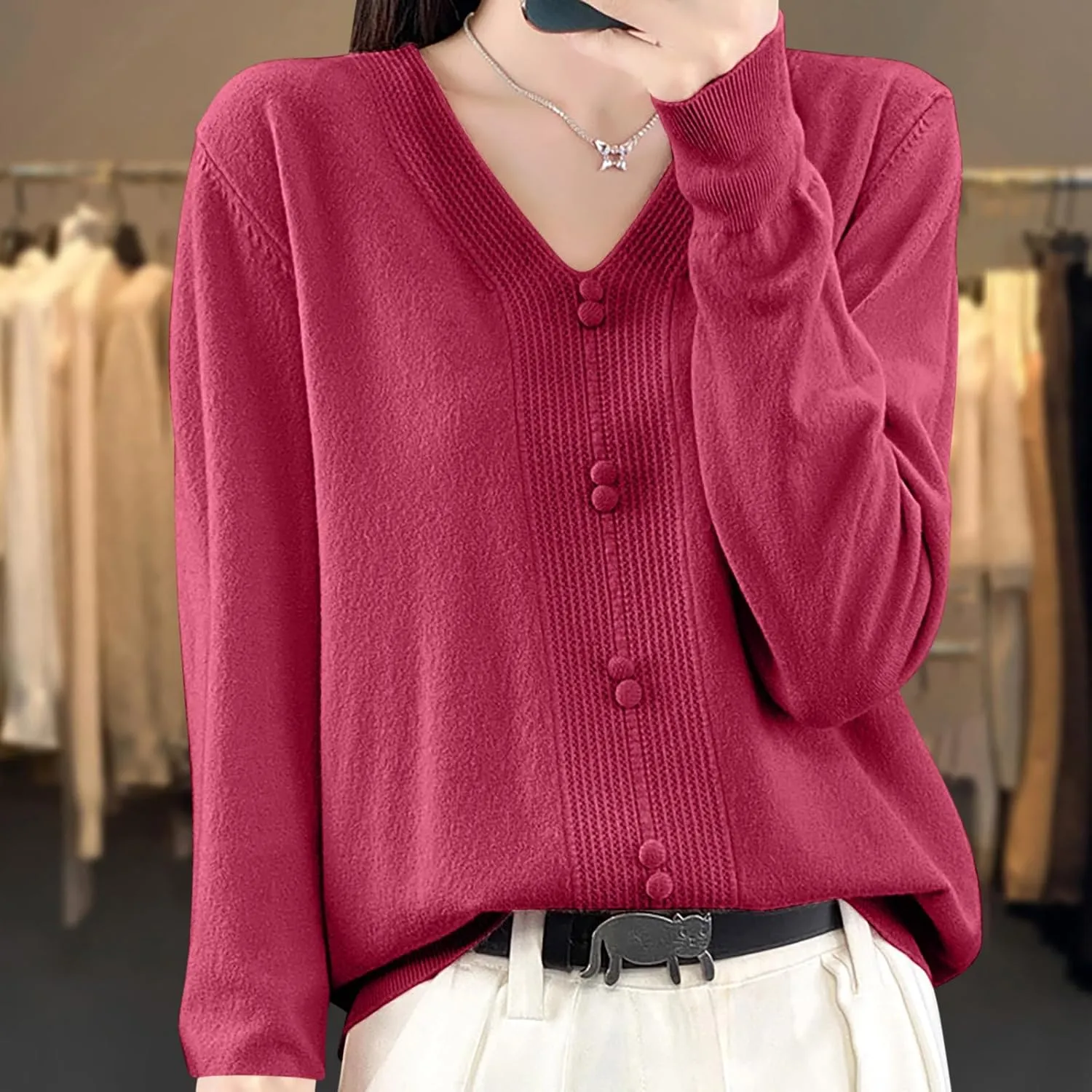 Women's V Neck Sweater Knitted Lightweight Button Decro Shirt Drop Shoulder Striped Long Sleeve Solid Fashion Shirt