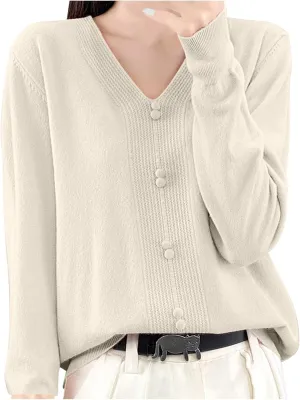 Women's V Neck Sweater Knitted Lightweight Button Decro Shirt Drop Shoulder Striped Long Sleeve Solid Fashion Shirt