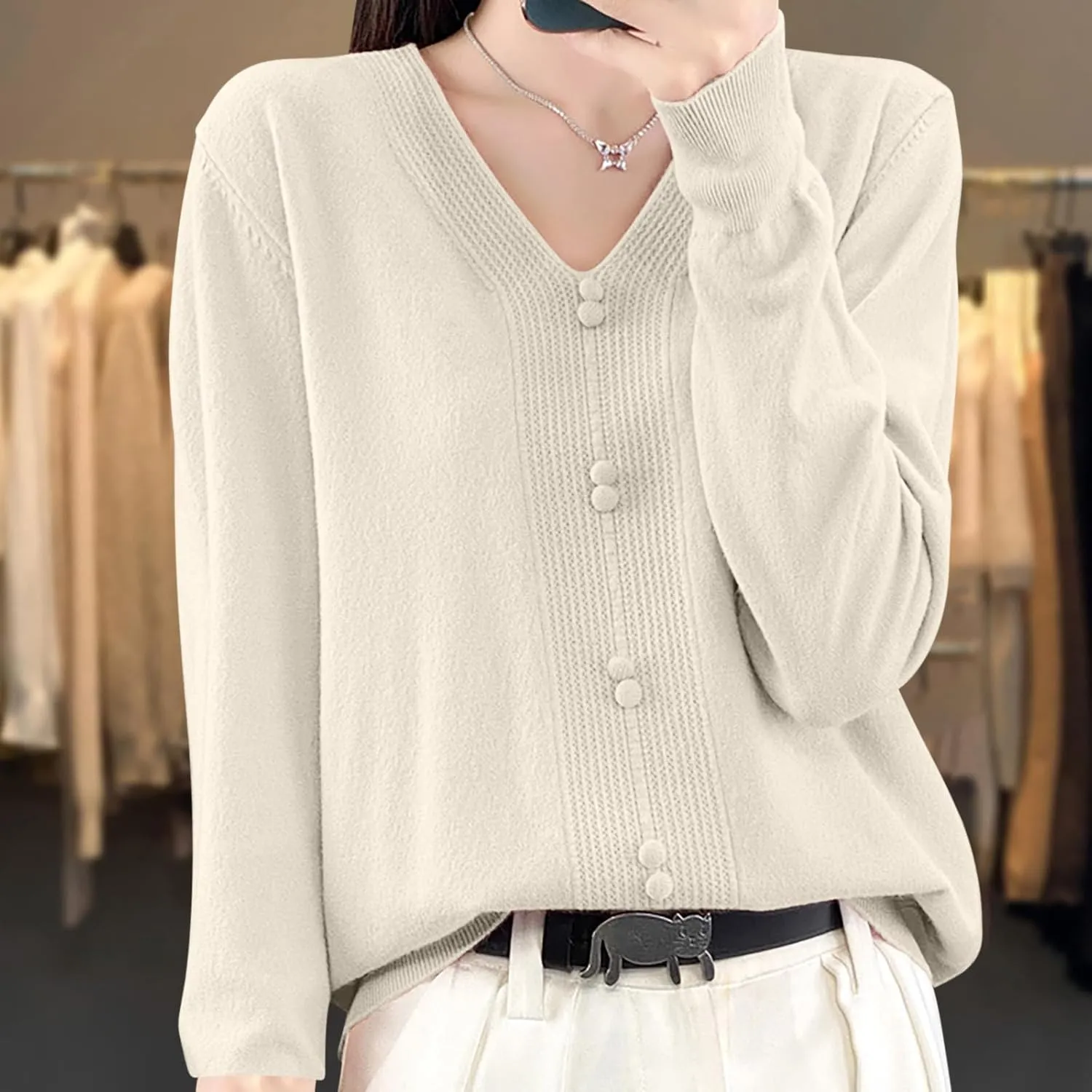 Women's V Neck Sweater Knitted Lightweight Button Decro Shirt Drop Shoulder Striped Long Sleeve Solid Fashion Shirt