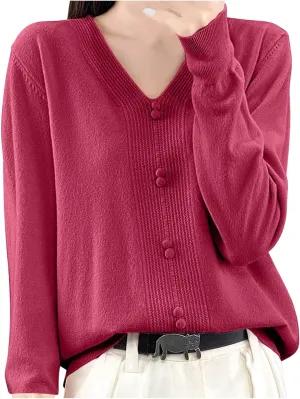 Women's V Neck Sweater Knitted Lightweight Button Decro Shirt Drop Shoulder Striped Long Sleeve Solid Fashion Shirt