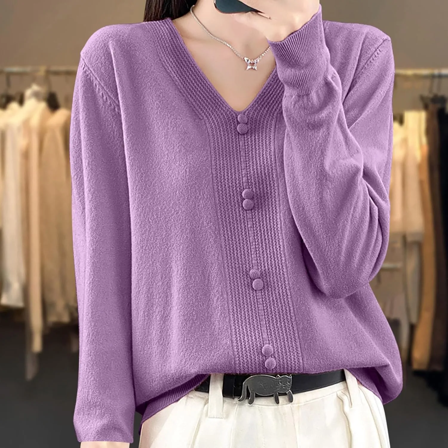 Women's V Neck Sweater Knitted Lightweight Button Decro Shirt Drop Shoulder Striped Long Sleeve Solid Fashion Shirt