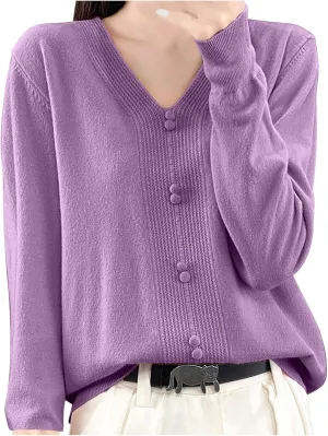Women's V Neck Sweater Knitted Lightweight Button Decro Shirt Drop Shoulder Striped Long Sleeve Solid Fashion Shirt
