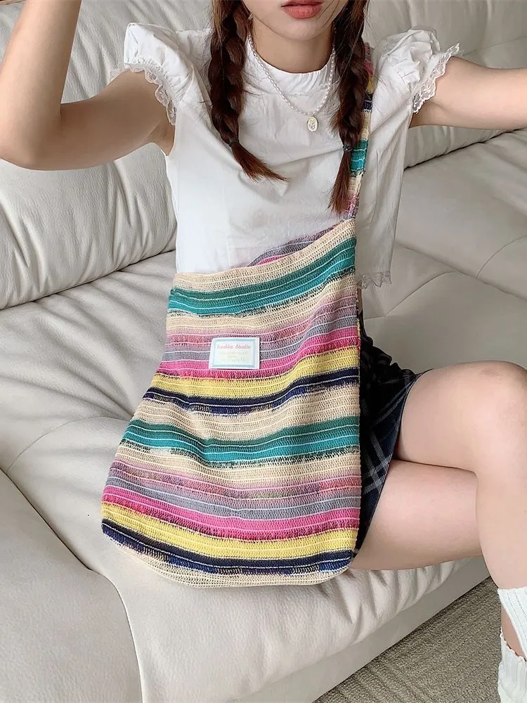 Women's Wool Knitted Contrast Color Rainbow Striped Shoulder Bags