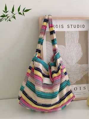 Women's Wool Knitted Contrast Color Rainbow Striped Shoulder Bags
