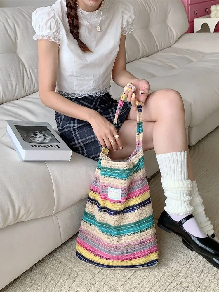Women's Wool Knitted Contrast Color Rainbow Striped Shoulder Bags