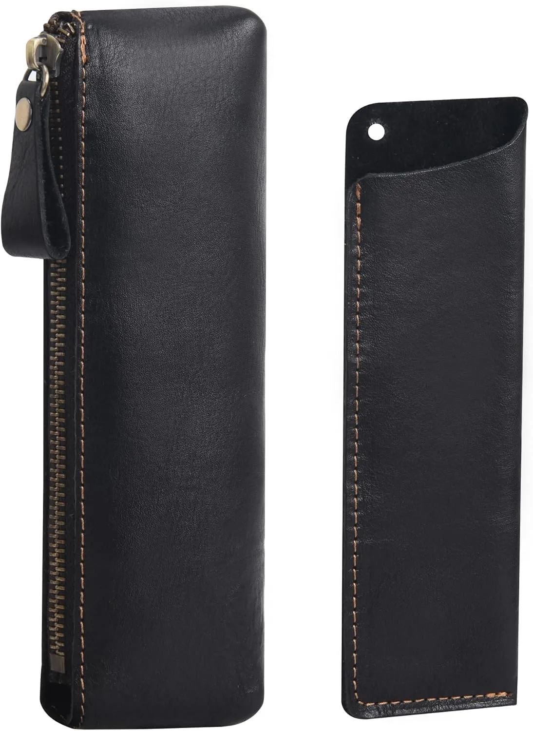 WONDERPOOL Pen Case 2pcs Genuine Leather Pencil Markers Holder Fountain Pen Drawings Pouch Portable Compact Stationery Bag for School Office Travel Organizer