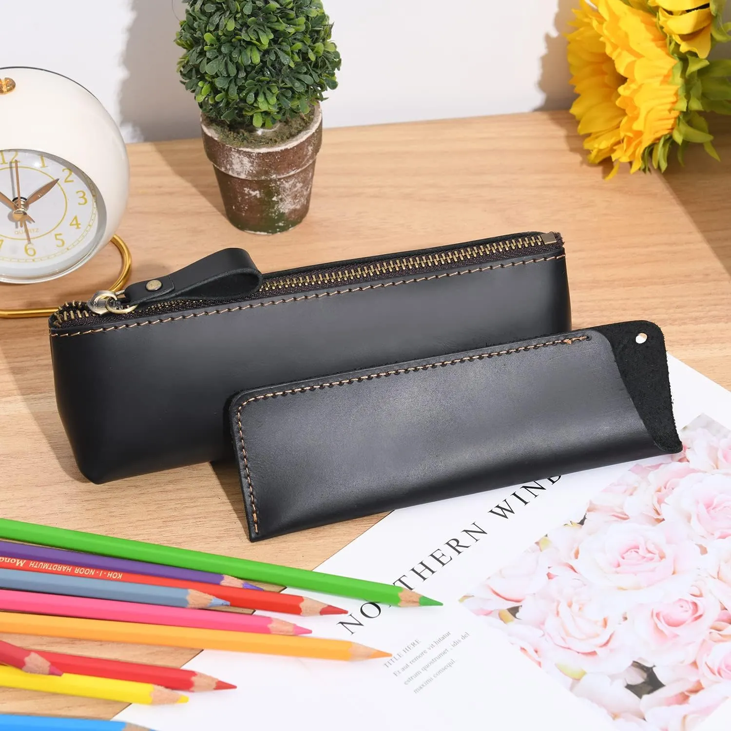WONDERPOOL Pen Case 2pcs Genuine Leather Pencil Markers Holder Fountain Pen Drawings Pouch Portable Compact Stationery Bag for School Office Travel Organizer
