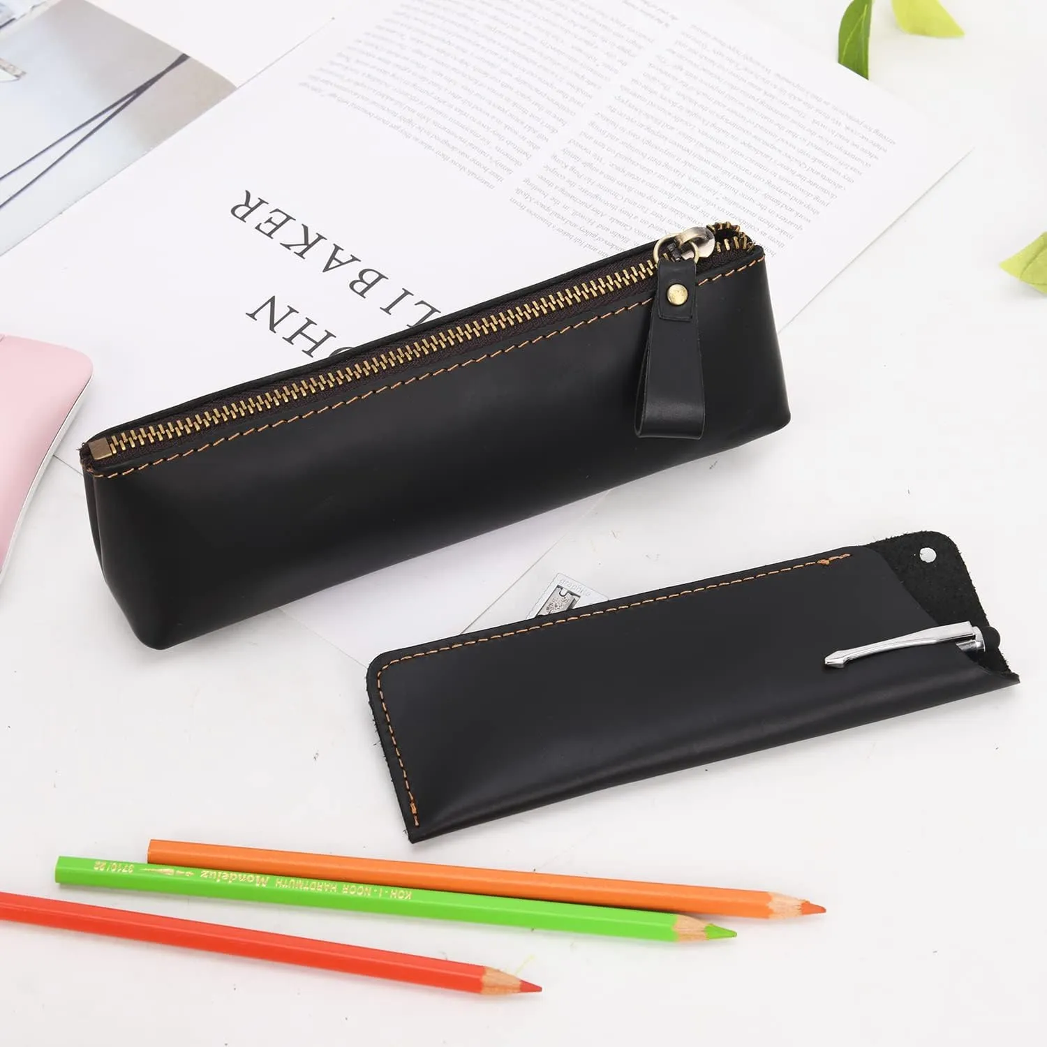 WONDERPOOL Pen Case 2pcs Genuine Leather Pencil Markers Holder Fountain Pen Drawings Pouch Portable Compact Stationery Bag for School Office Travel Organizer