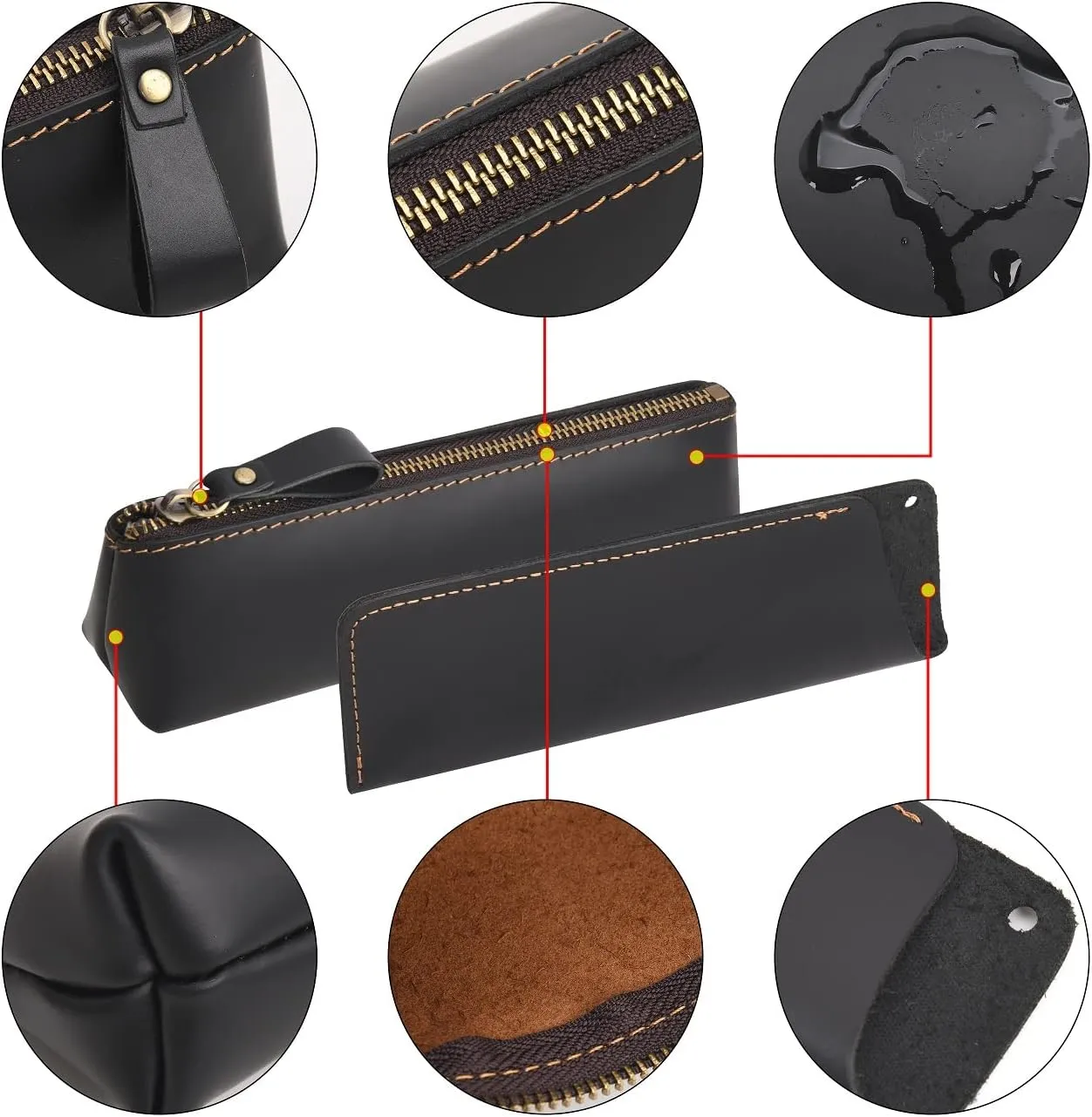 WONDERPOOL Pen Case 2pcs Genuine Leather Pencil Markers Holder Fountain Pen Drawings Pouch Portable Compact Stationery Bag for School Office Travel Organizer