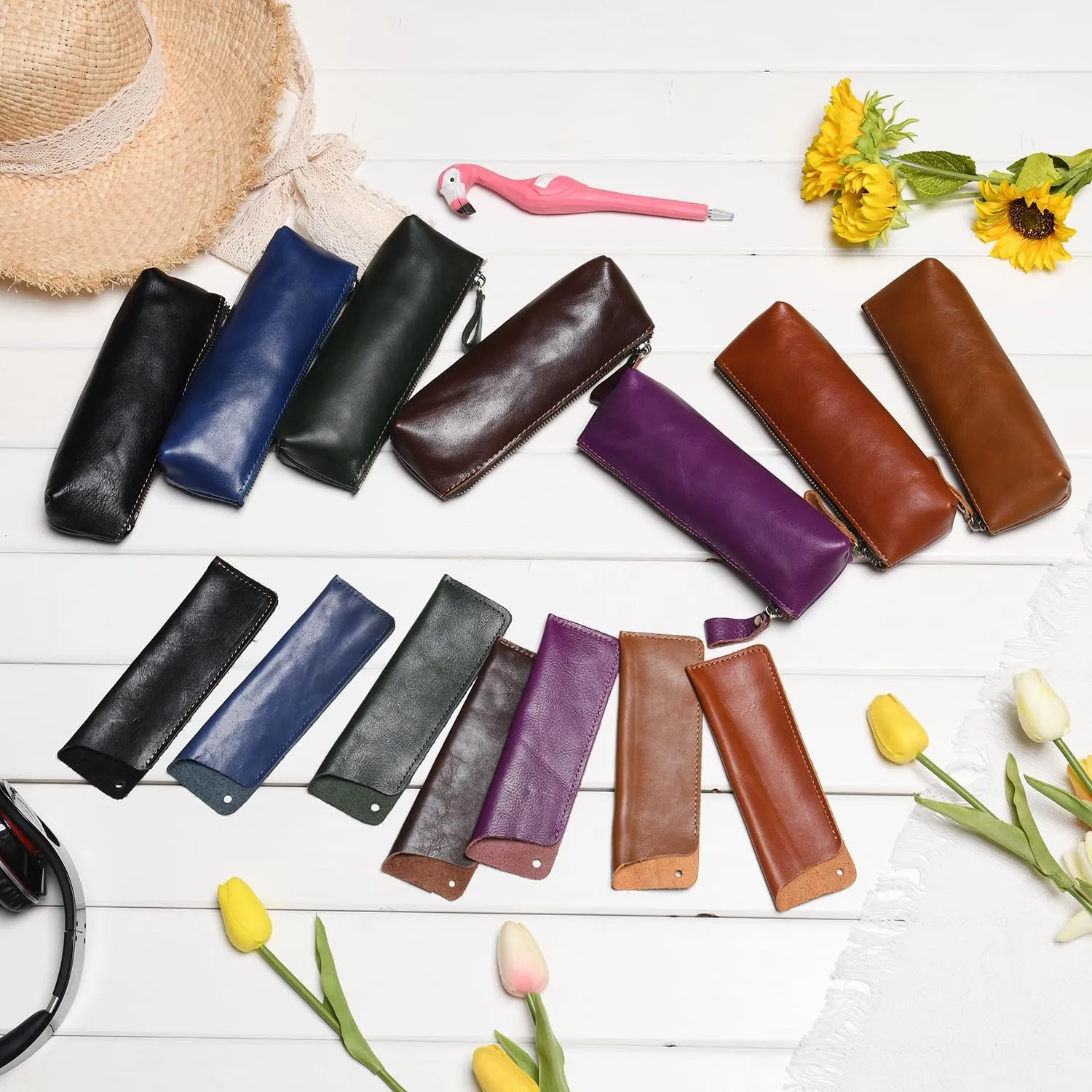 WONDERPOOL Pen Case 2pcs Genuine Leather Pencil Markers Holder Fountain Pen Drawings Pouch Portable Compact Stationery Bag for School Office Travel Organizer