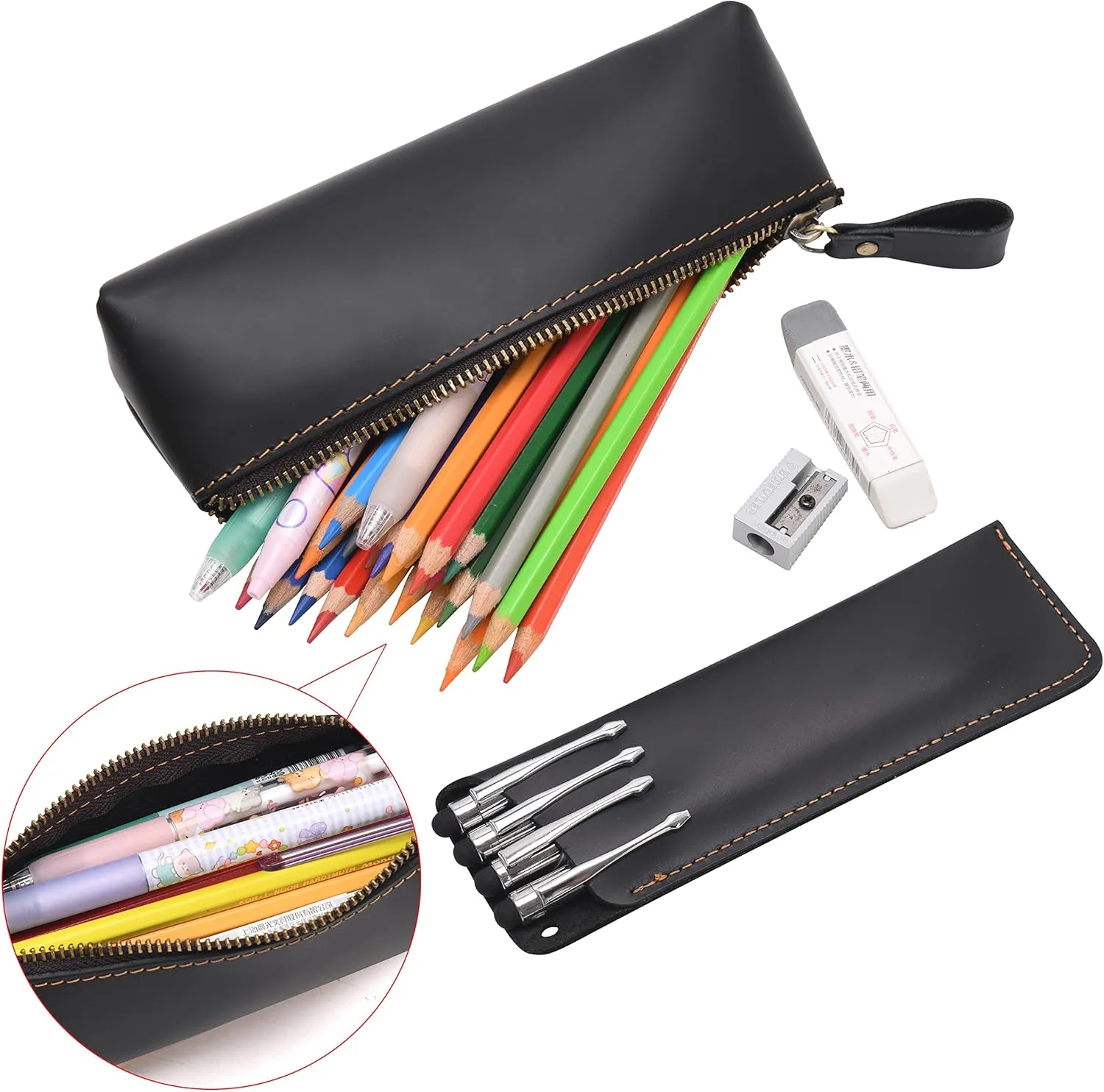 WONDERPOOL Pen Case 2pcs Genuine Leather Pencil Markers Holder Fountain Pen Drawings Pouch Portable Compact Stationery Bag for School Office Travel Organizer
