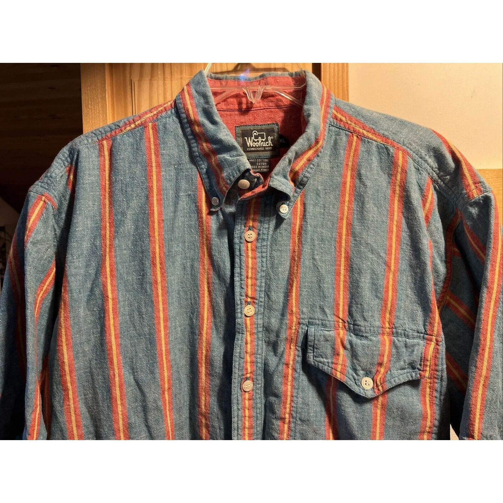 Woolrich Vintage Shirt Mens XL blue Red striped button up classic outdoors EUC