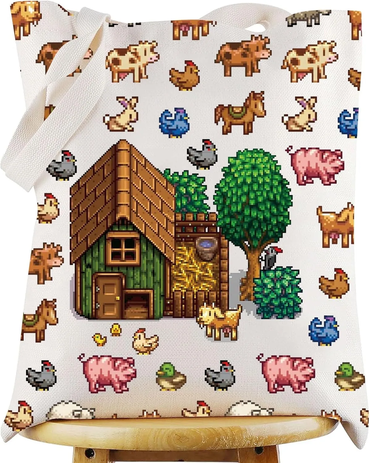 WZMPA Farm Gaming Tote Bag Pelican Town Inspired Gift Junimo Planter Reusable Grocery Bag Farm Chicken Merchandise