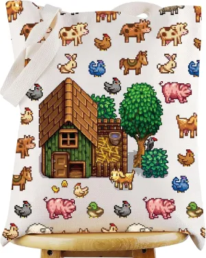 WZMPA Farm Gaming Tote Bag Pelican Town Inspired Gift Junimo Planter Reusable Grocery Bag Farm Chicken Merchandise