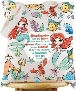 WZMPA Princess Mermaid Tote Bag Fairy Tales Fans Gift You Are Braver Stronger Beautiful Than You Know Mermaid Shoulder Bag