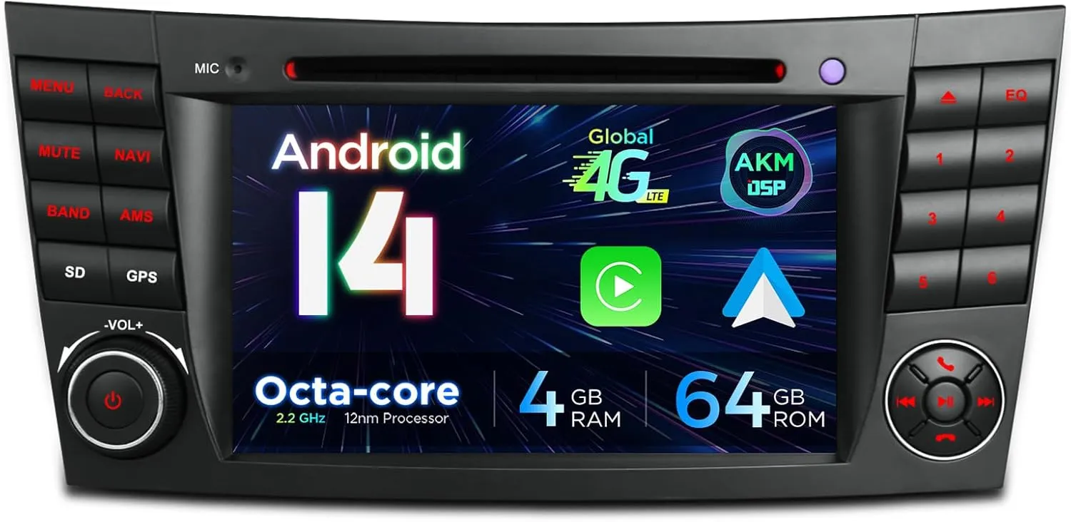 XTRONS Android 14 Car Stereo for Benz E-W211 / CLS Class W219, 7 Inch IPS Touch Screen Car Radio, 4GB 64GB GPS Navigation Bluetooth Built-in DSP Head Unit Support Wireless Car Play Android Auto 4G LTE