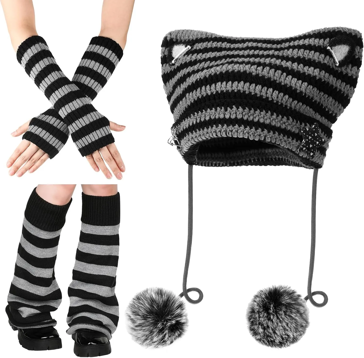 Y2k Beanie Cat Crochet Hats Cat Beanie Accessories with Kawaii Leg Cover for Women Girls