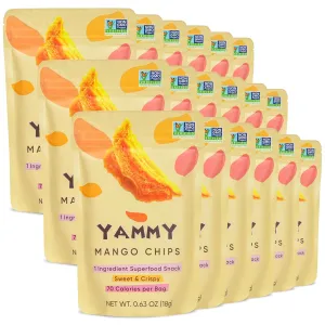 Yammy Dried Mango Chips Like Freeze Dried Fruit, No Sugar Added Crispy Dry Slices of Mangoes, Unsweetened Dehydrated Healthy Snack, Low Calorie Vegan Gluten Free, Individual Packs (0.6oz Pack of 18)