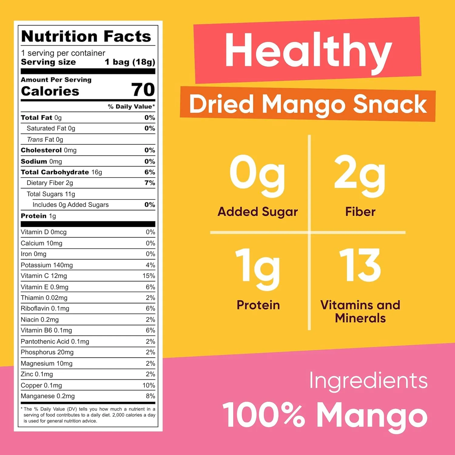 Yammy Dried Mango Chips Like Freeze Dried Fruit, No Sugar Added Crispy Dry Slices of Mangoes, Unsweetened Dehydrated Healthy Snack, Low Calorie Vegan Gluten Free, Individual Packs (0.6oz Pack of 18)