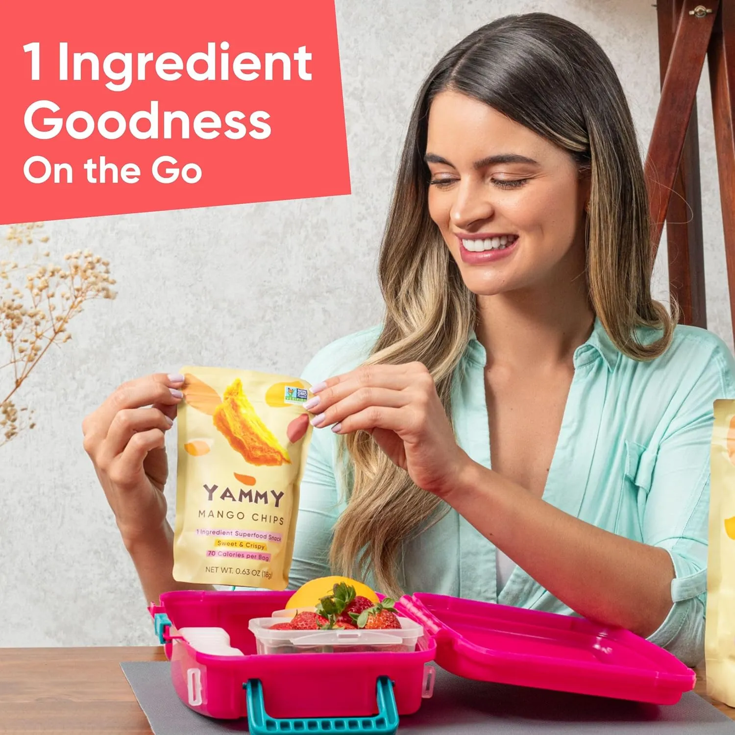 Yammy Dried Mango Chips Like Freeze Dried Fruit, No Sugar Added Crispy Dry Slices of Mangoes, Unsweetened Dehydrated Healthy Snack, Low Calorie Vegan Gluten Free, Individual Packs (0.6oz Pack of 18)