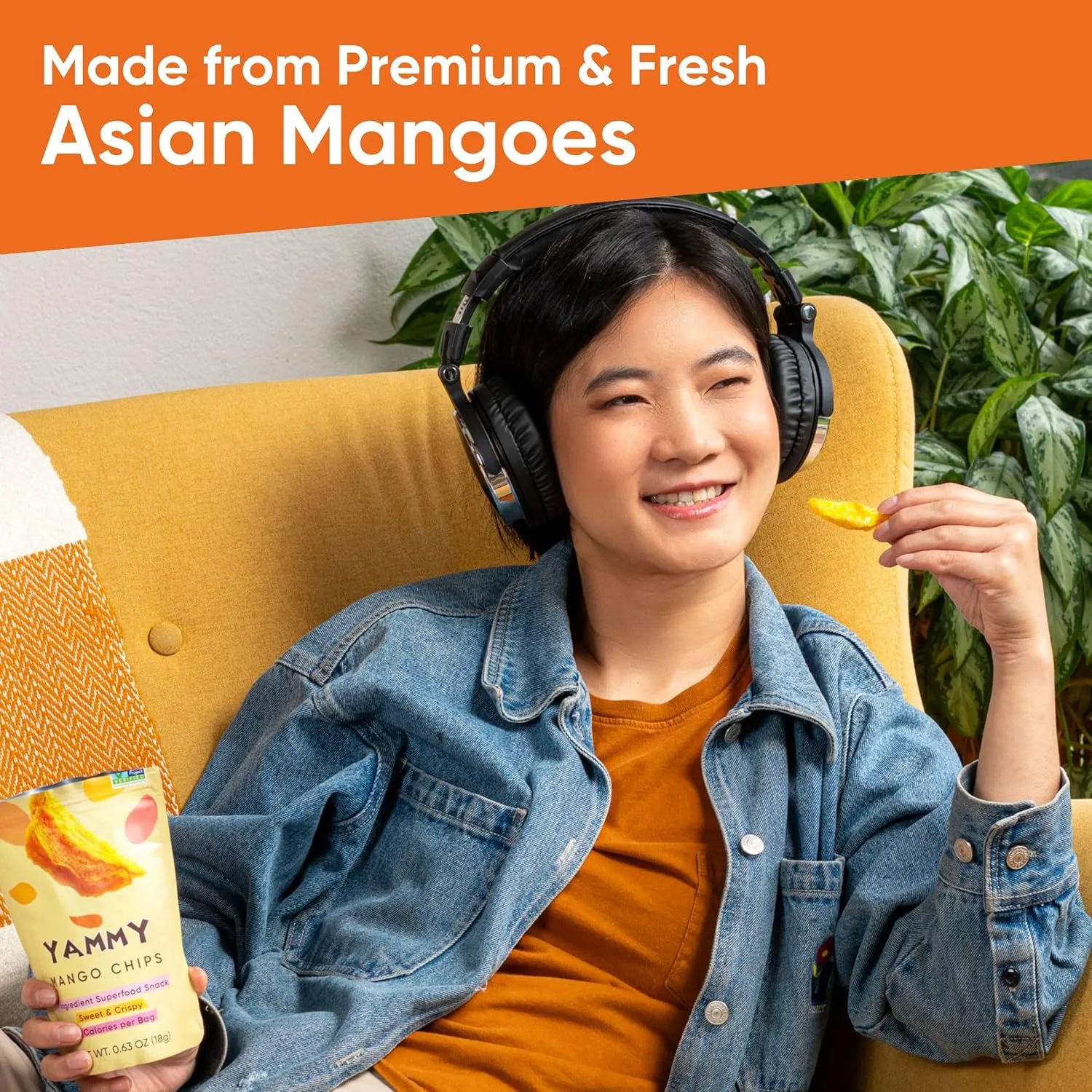 Yammy Dried Mango Chips Like Freeze Dried Fruit, No Sugar Added Crispy Dry Slices of Mangoes, Unsweetened Dehydrated Healthy Snack, Low Calorie Vegan Gluten Free, Individual Packs (0.6oz Pack of 18)