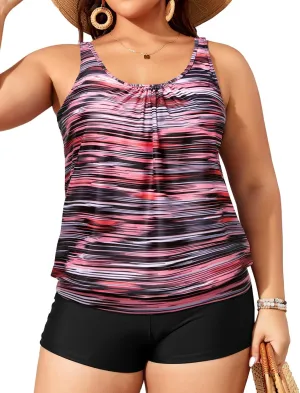 Yonique Plus Size Tankini Swimsuits for Women Blouson Tankini Tops with Swim Shorts Two Piece Bathing Suits