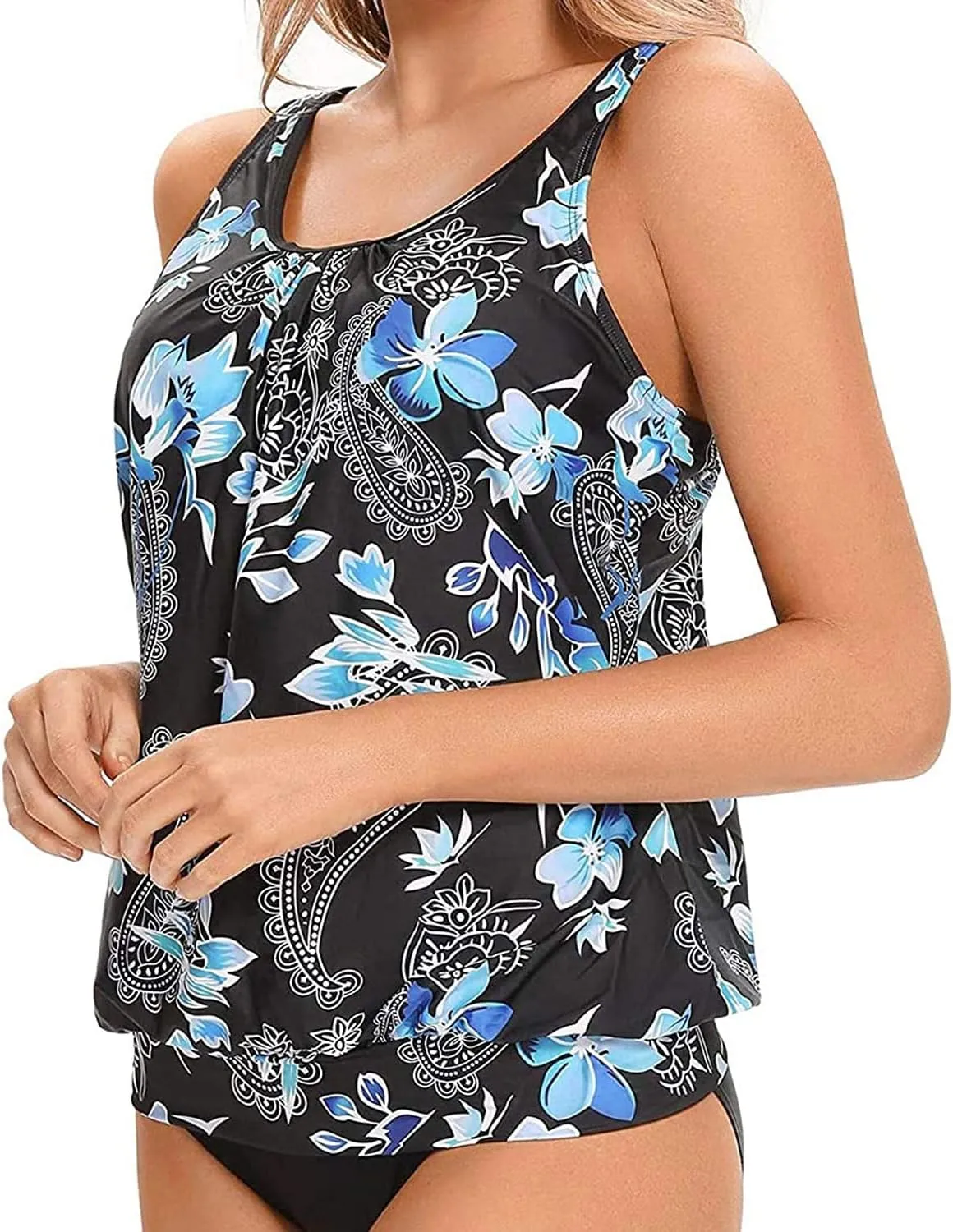 Yonique Womens Blouson Tankini Top No Bottom Loose Fit Swim Top Modest Tank Top