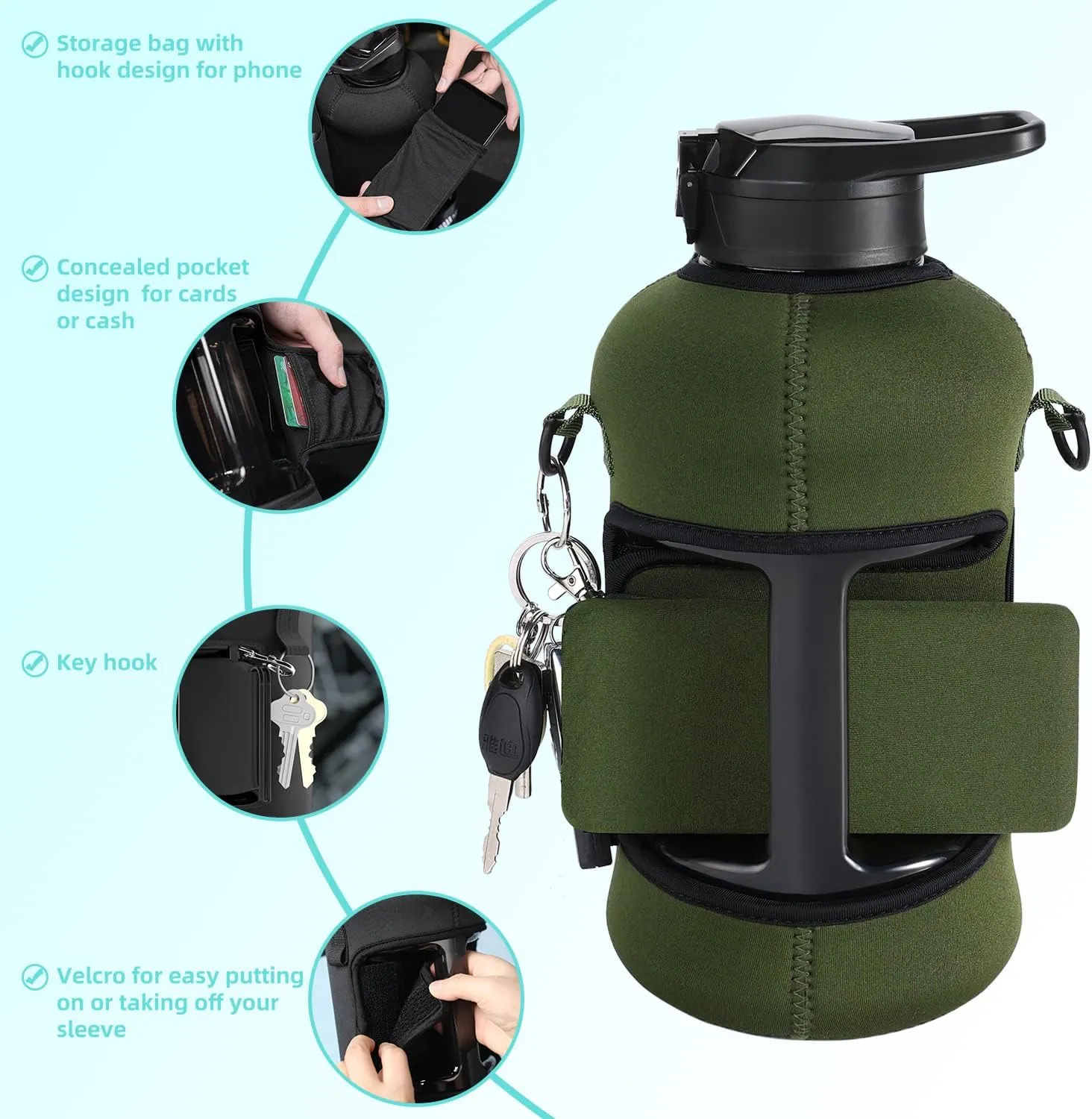 YOUCAN PLATO 74 oz Half Gallon Water Bottle with Sleeve-Large Water Bottle -Big Gym Water Bottle for Man or Women with Straw- Water Jug with Handle -BPA Free- Leakproof, Workout bottle,Army Green