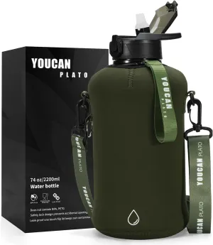 YOUCAN PLATO 74 oz Half Gallon Water Bottle with Sleeve-Large Water Bottle -Big Gym Water Bottle for Man or Women with Straw- Water Jug with Handle -BPA Free- Leakproof, Workout bottle,Army Green