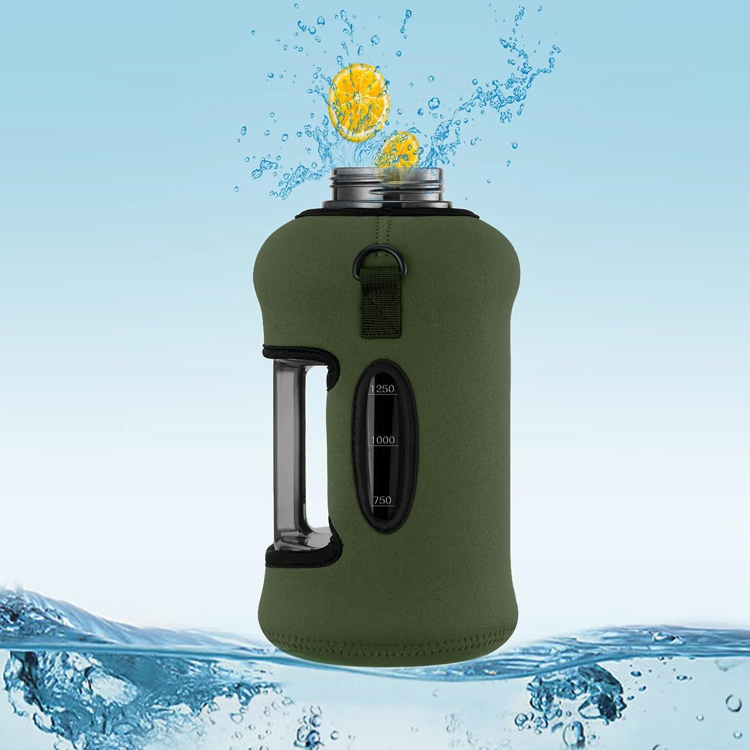 YOUCAN PLATO 74 oz Half Gallon Water Bottle with Sleeve-Large Water Bottle -Big Gym Water Bottle for Man or Women with Straw- Water Jug with Handle -BPA Free- Leakproof, Workout bottle,Army Green