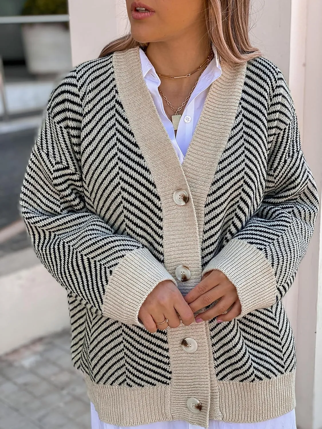 ZAFUL Women's Striped Cardigan Long Sleeve Button Up Open Front Knit Oversized Sweater