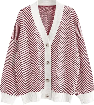 ZAFUL Women's Striped Cardigan Long Sleeve Button Up Open Front Knit Oversized Sweater